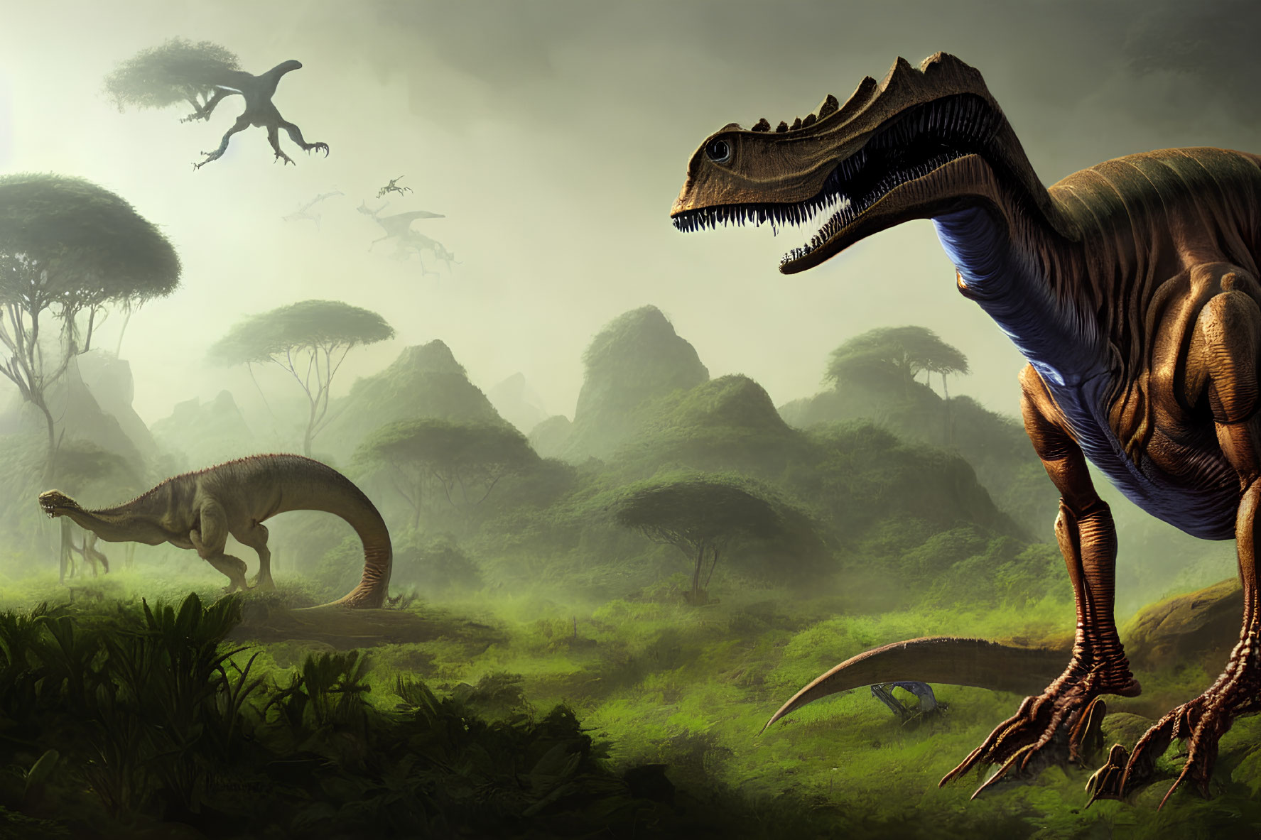 Detailed Tyrannosaurus Rex in Prehistoric Landscape with Dinosaurs