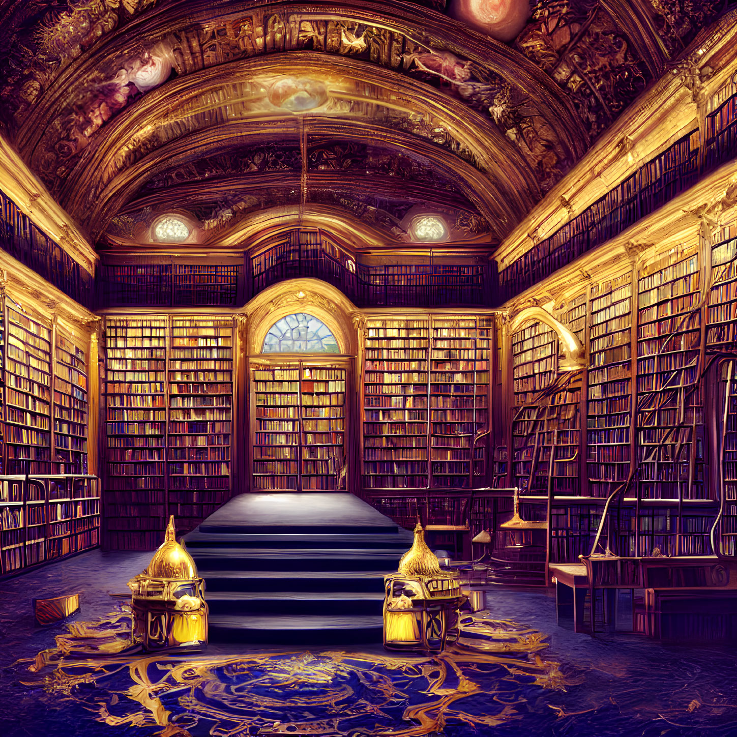 Grand library with tall bookshelves, arched windows, frescoed ceiling, and central platform