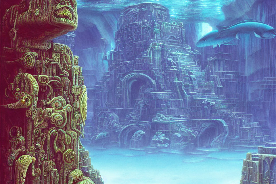 Whale swimming by ancient ruins and carved stone pillar in underwater scene