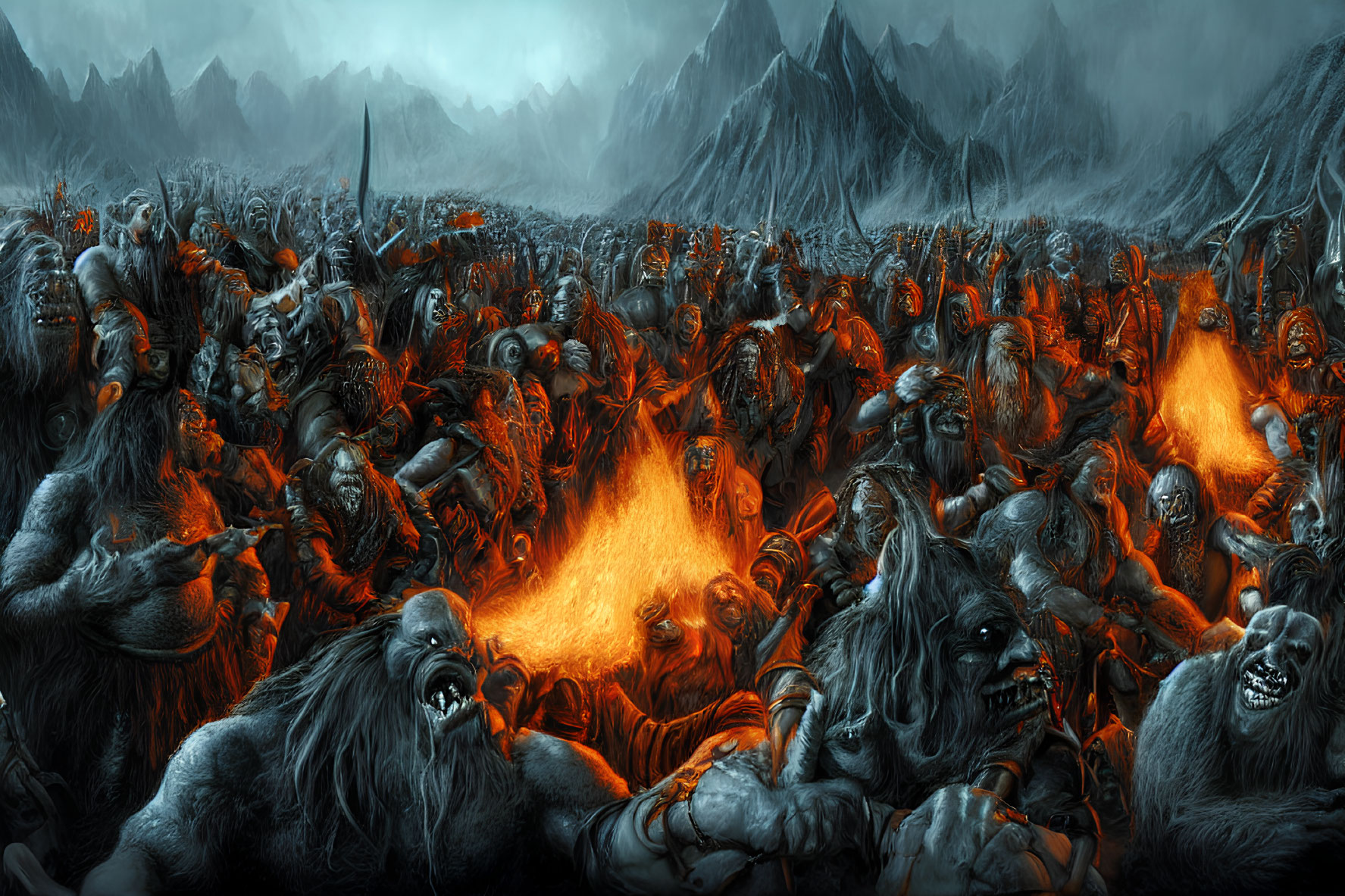 Fantasy scene: Army of orcs and creatures by fiery blaze and mountains