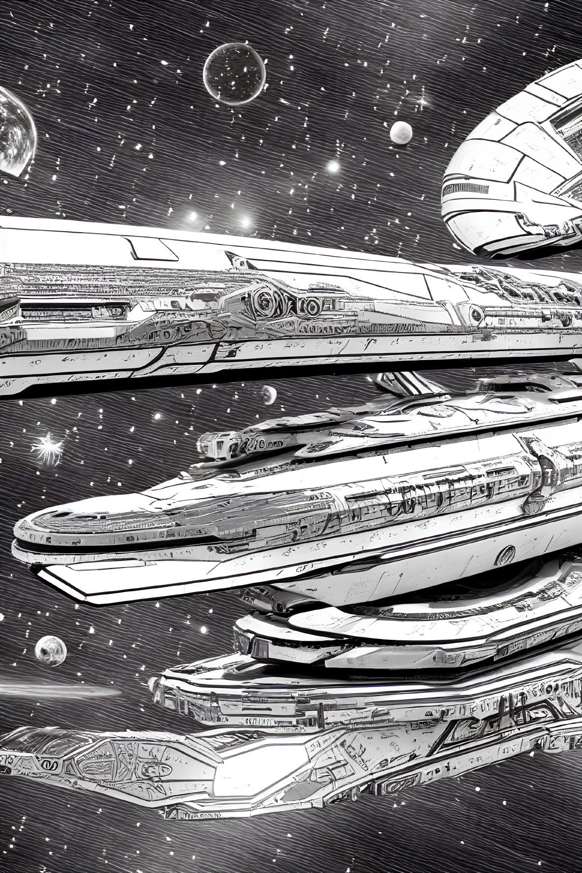 Detailed Monochrome Spacecraft Illustration in Star Field with Planets and Moons