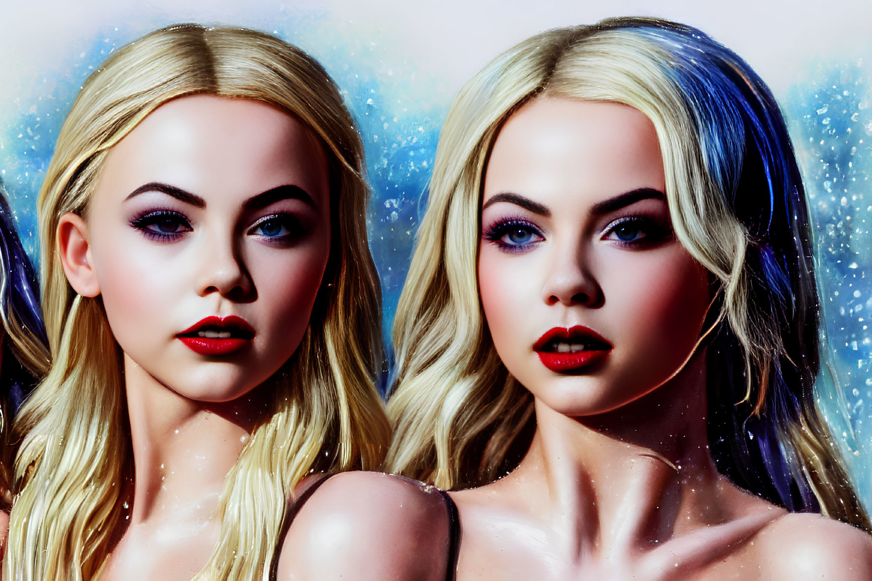 Digital Artwork: Two Female Figures with Blue Eyes and Different Hair Colors