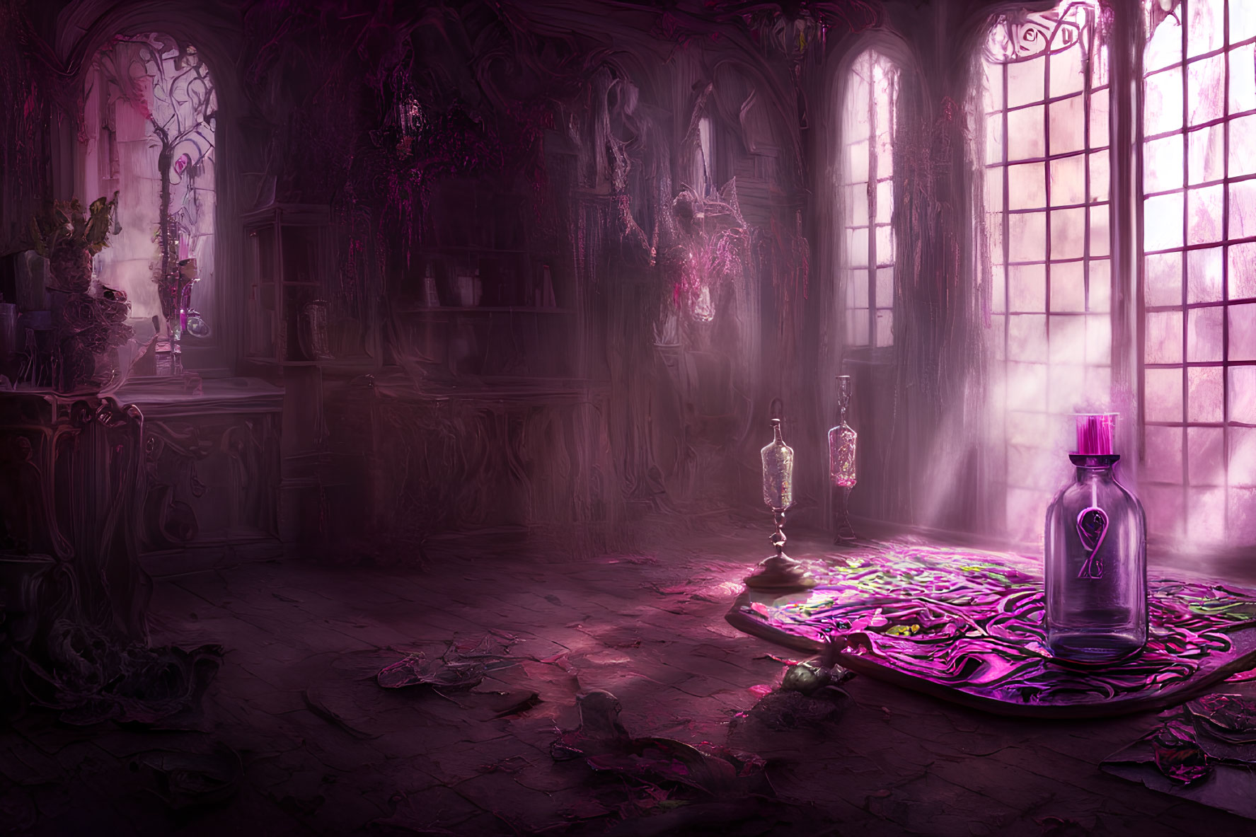 Mystical purple room with ornate windows, light beams, purple bottle, and scattered leaves