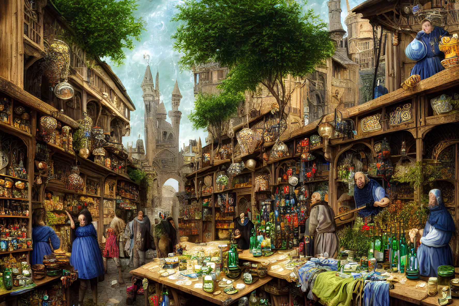 Medieval marketplace scene with vendors, shoppers, and cityscape.