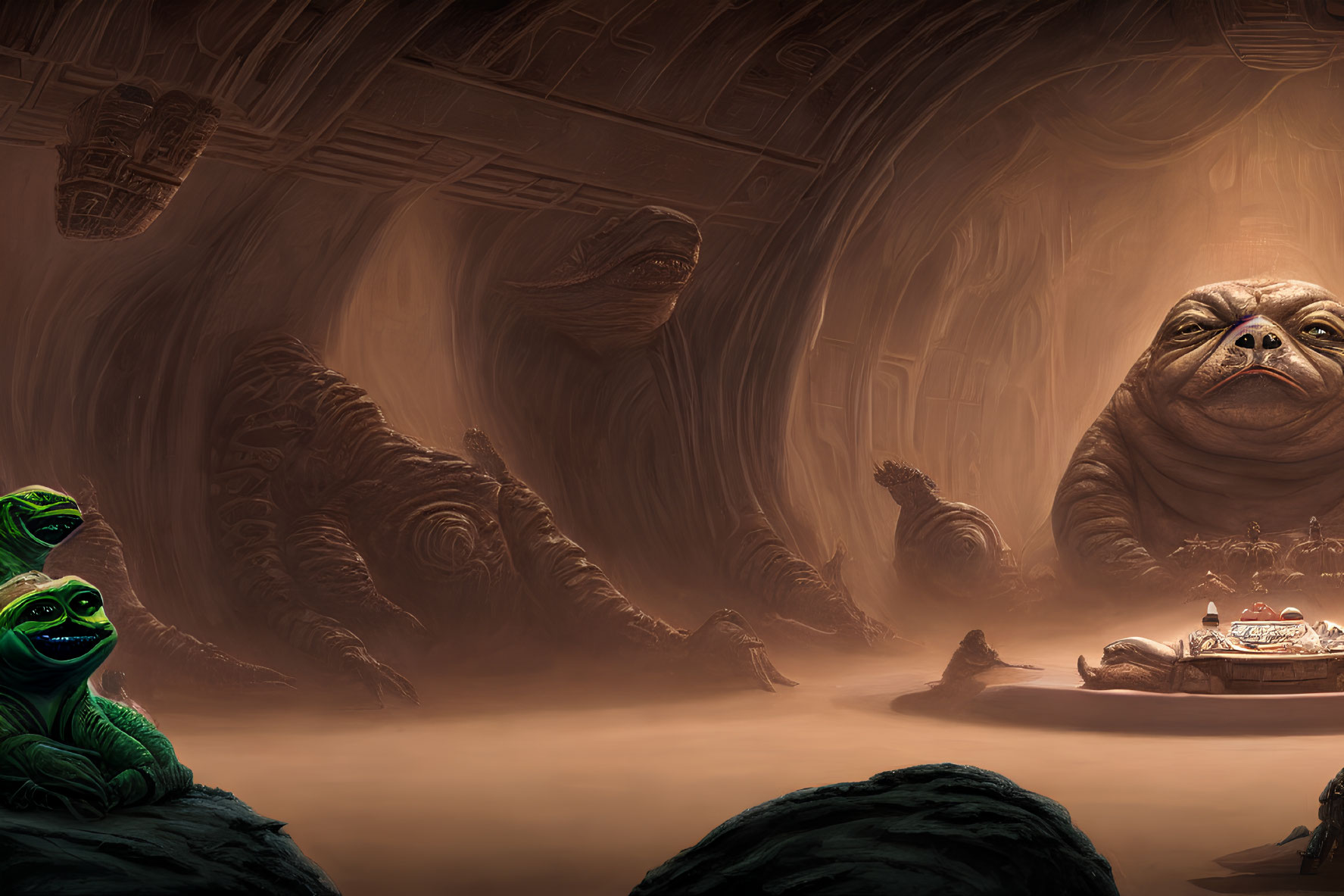 Surreal artwork featuring oversized slug-like creatures, green beings, and floating platforms in a cavernous