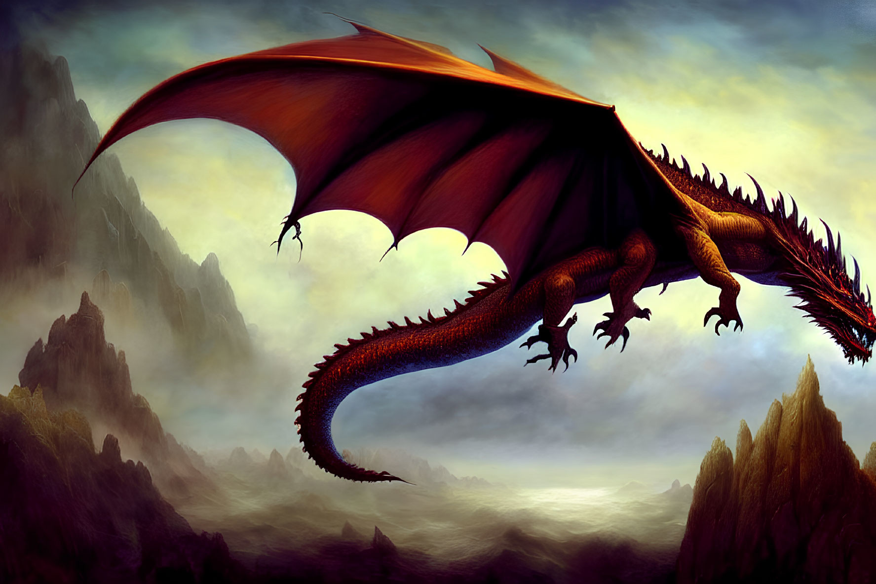 Majestic red-winged dragon above misty mountain peaks