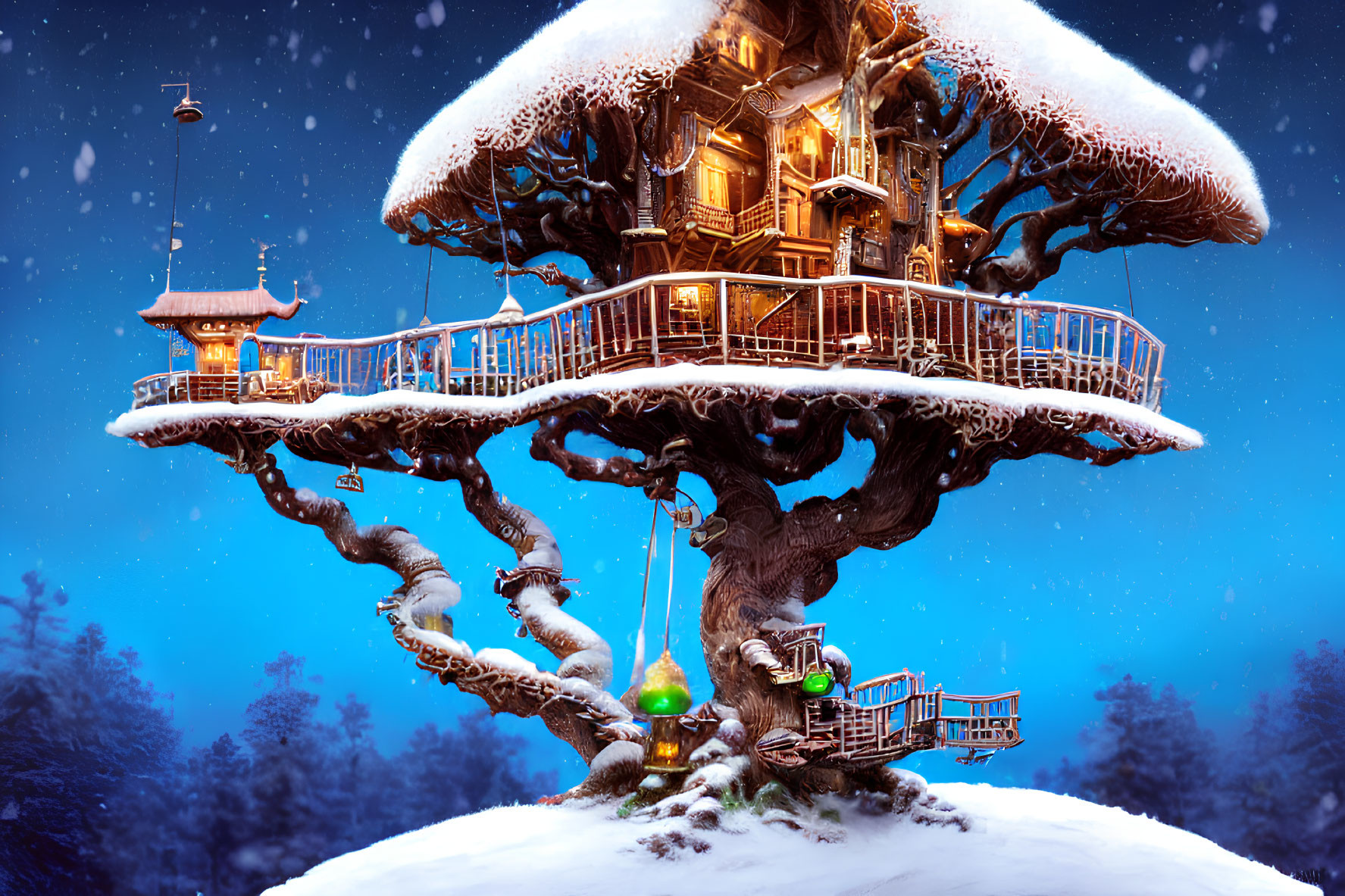 Snow-covered treehouse with multiple levels in gnarled tree under twilight sky