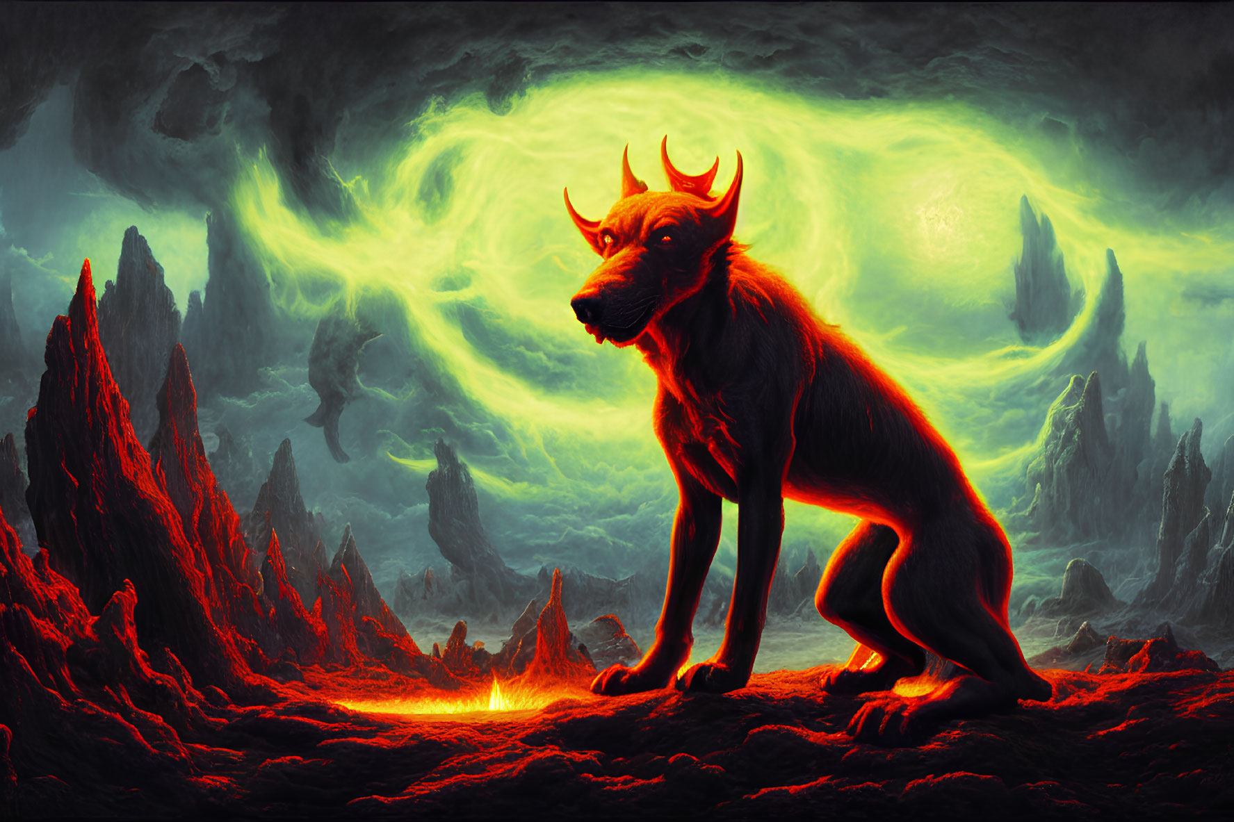 Horned Dog-Like Creature in Molten Landscape with Green Auroras