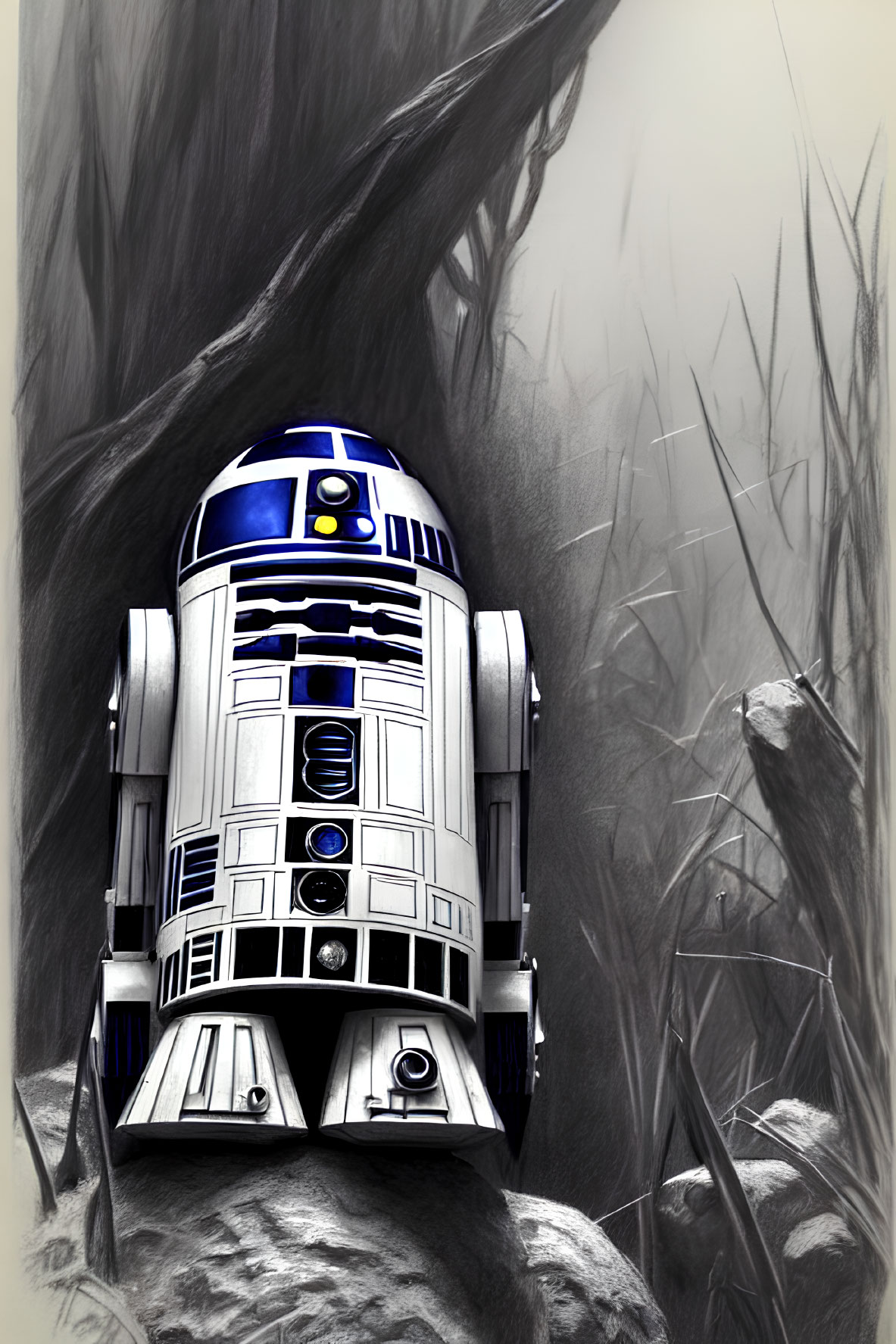 Monochromatic illustration of R2-D2 among rocks and grass