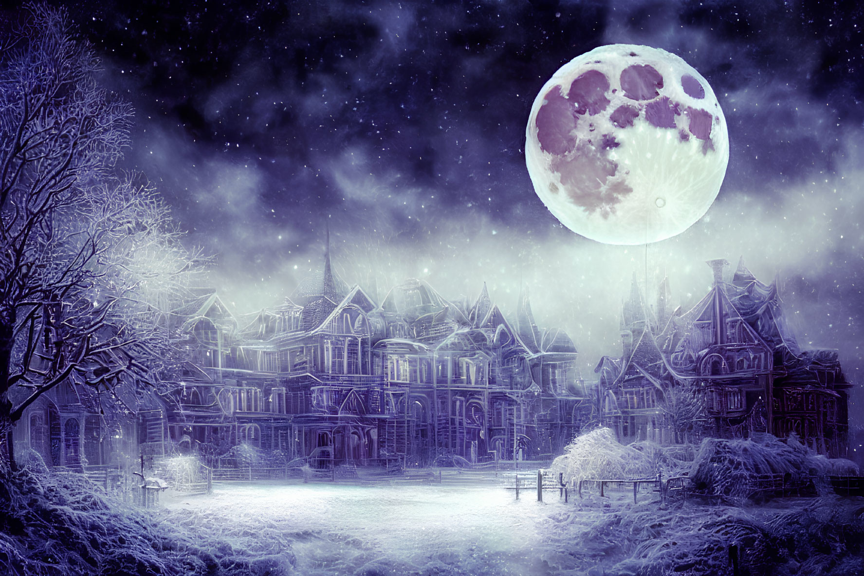 Victorian neighborhood in snow under mystical moon