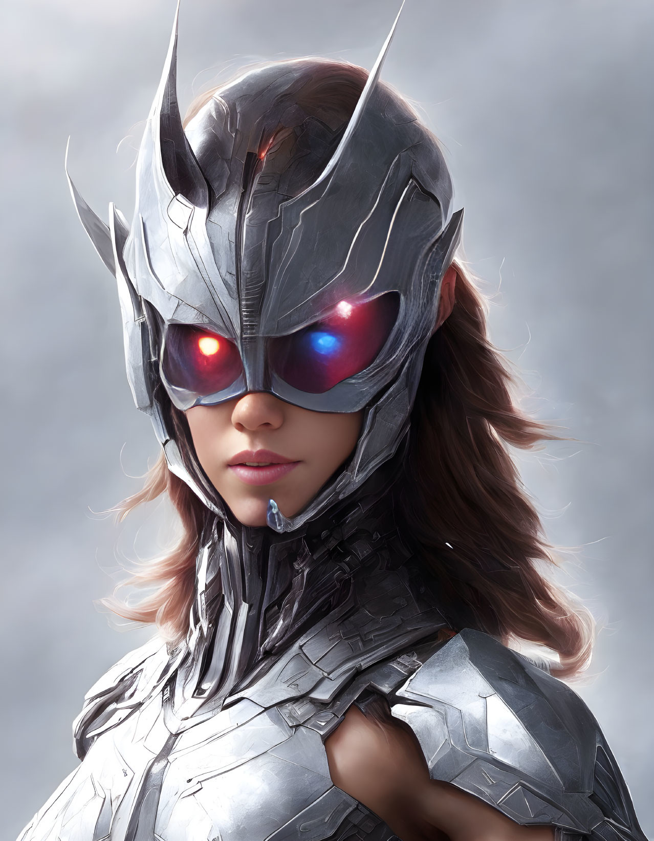 Futuristic female character in metal armor with glowing red eyes