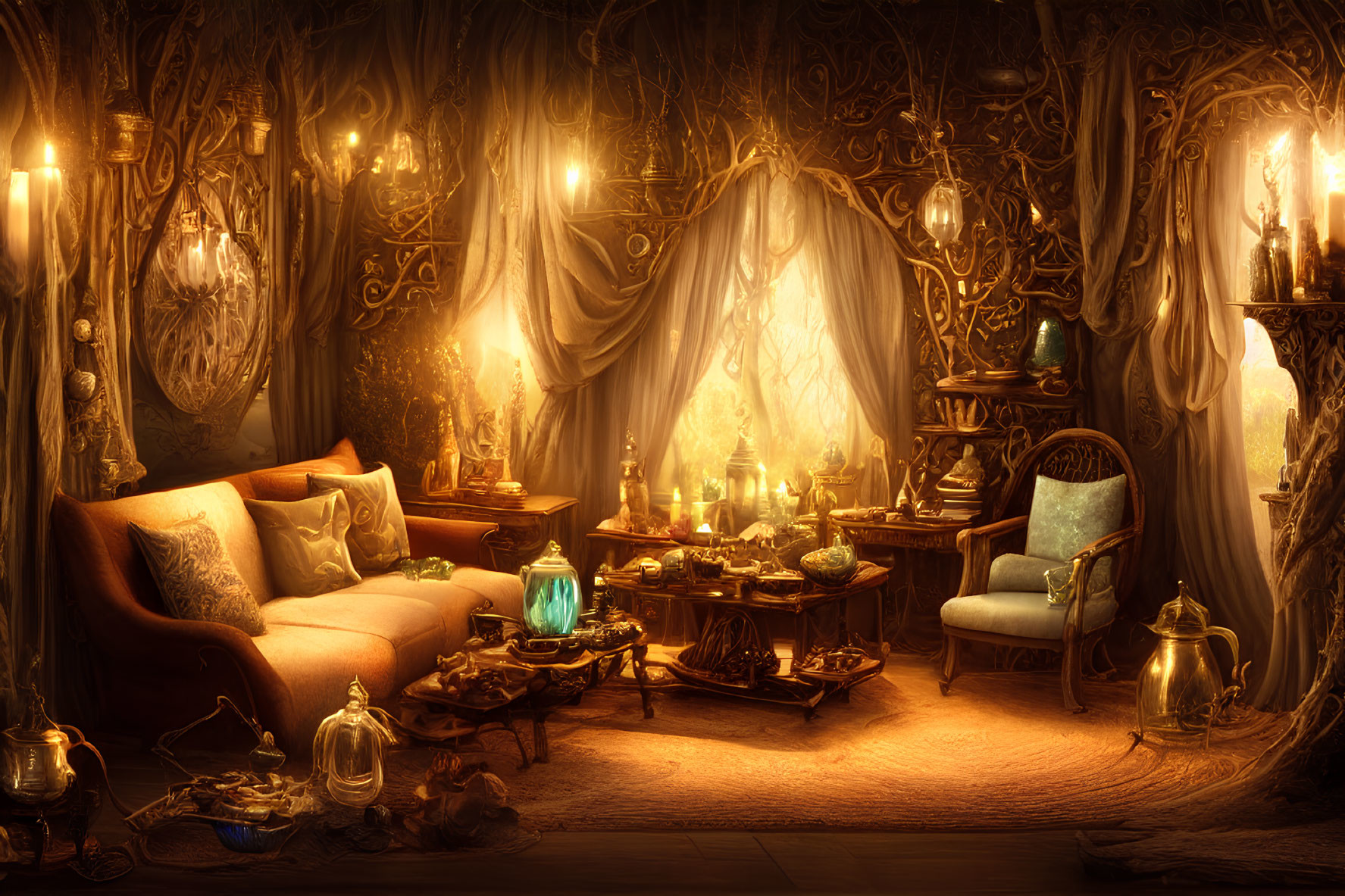 Mystical room with wooden details, candles, warm sofa, and glowing green orb