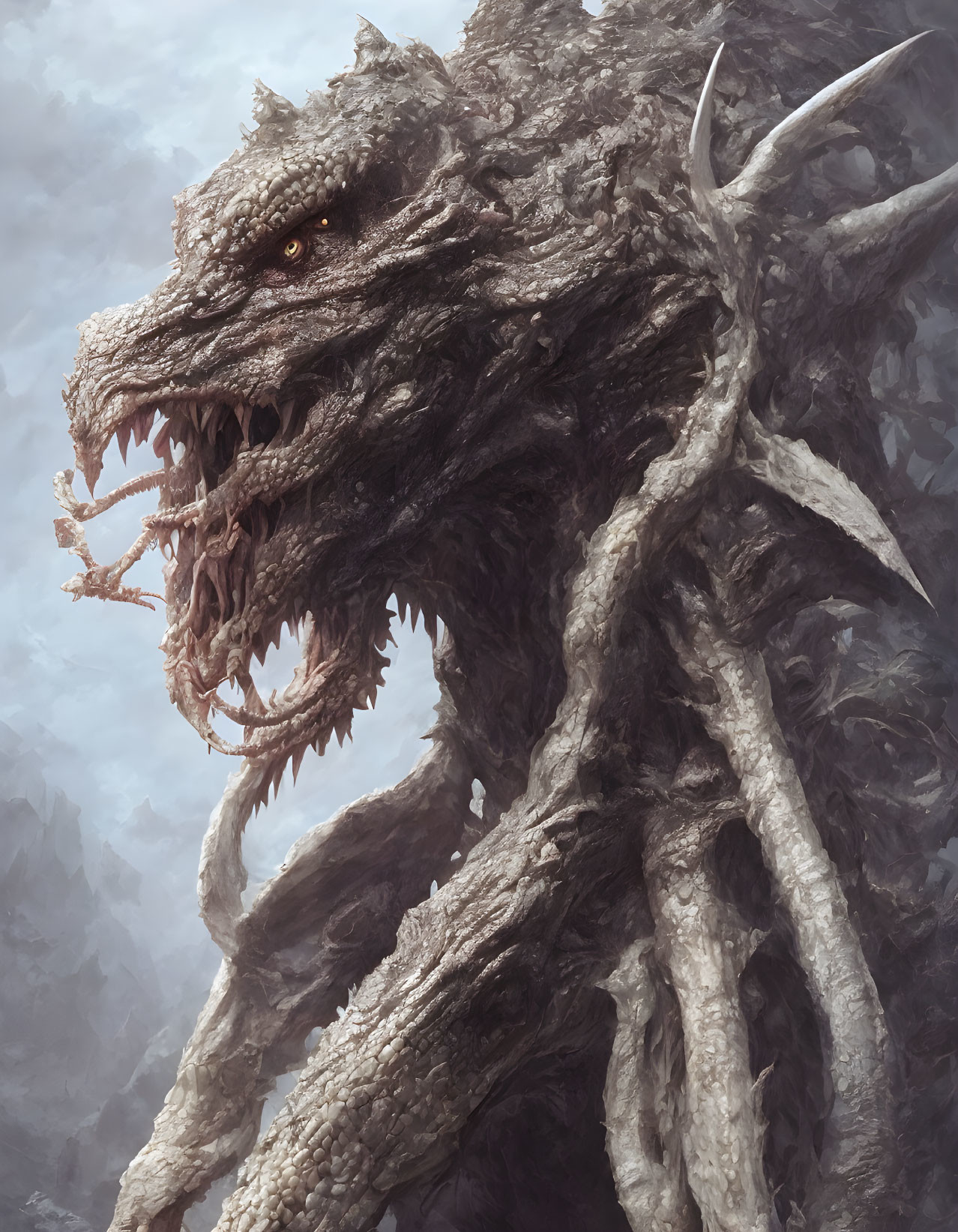 Ferocious dragon with sharp horns and multiple rows of teeth in mist.