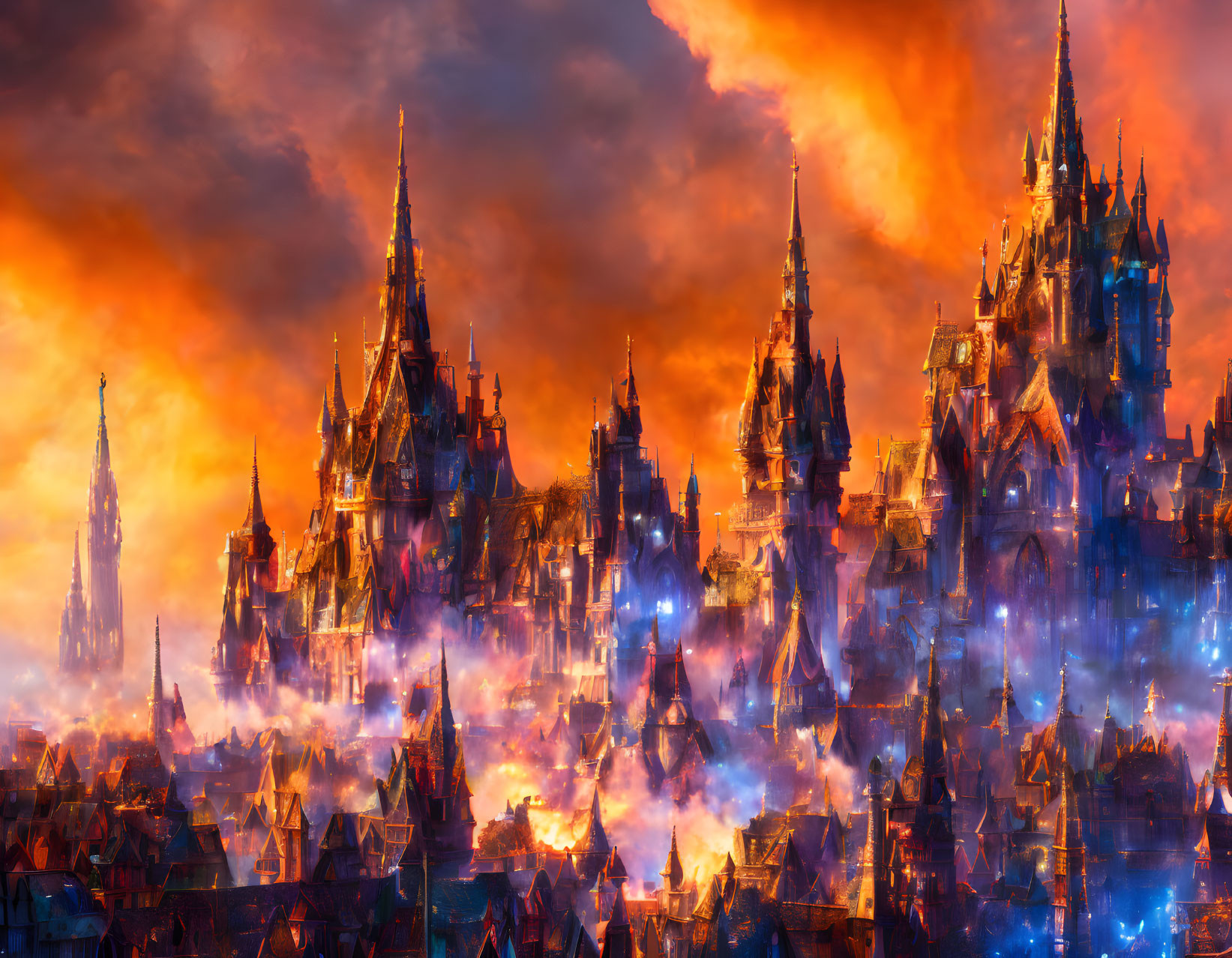 Fantastical cityscape with gothic spires in fiery orange clouds