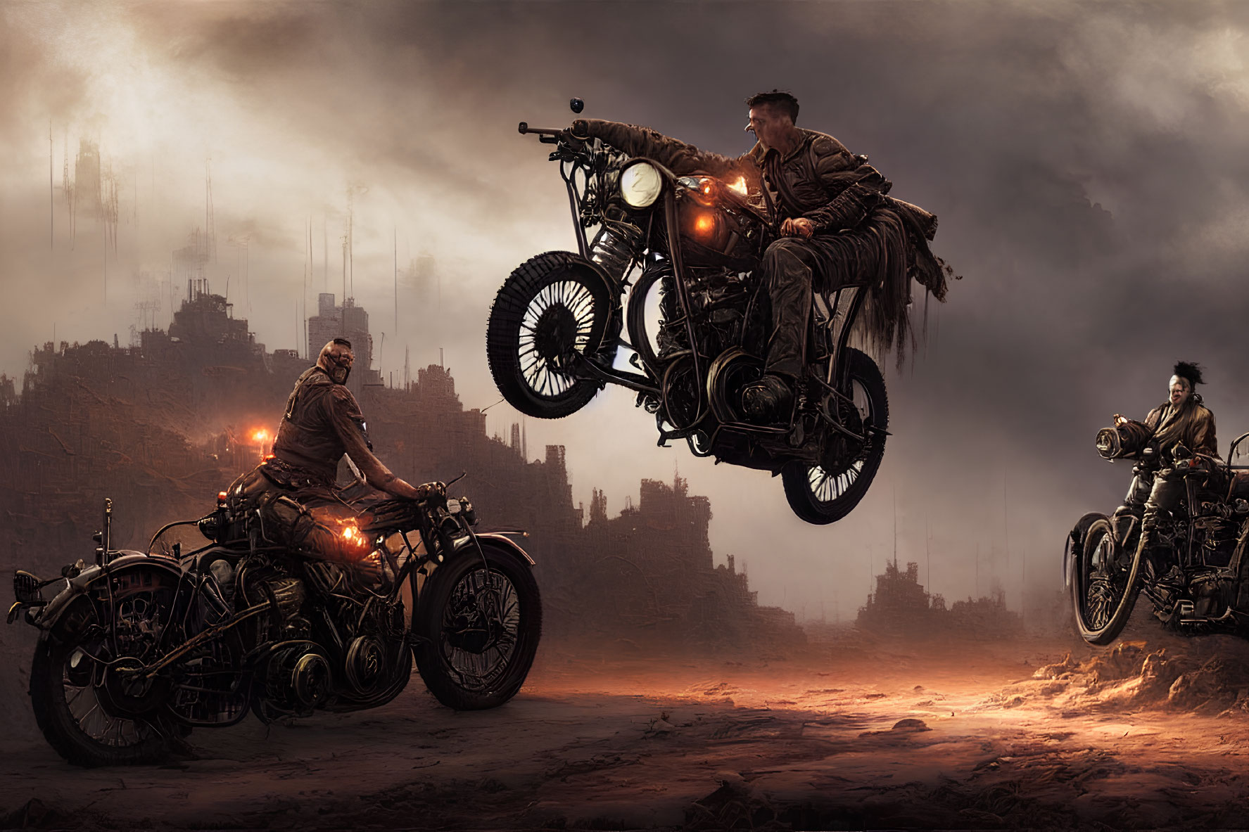 Vintage motorcycles riders perform stunts in dystopian setting