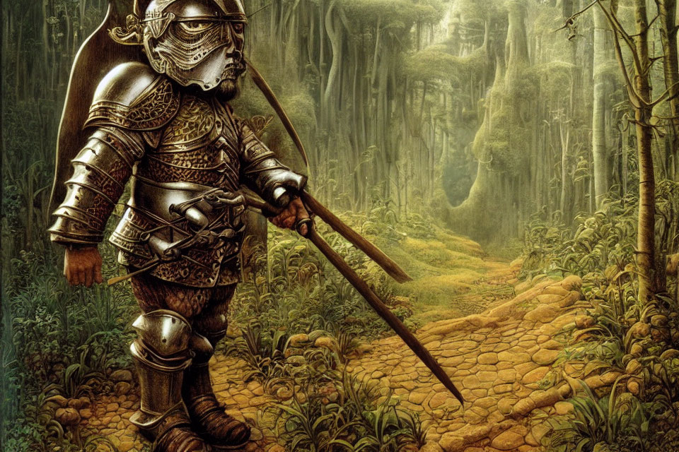 Knight in Full Armor with Spear on Forest Path Amid Dense Foliage