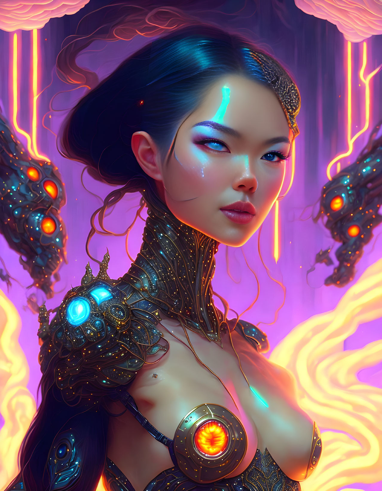 Futuristic woman with cybernetic enhancements in neon-lit setting