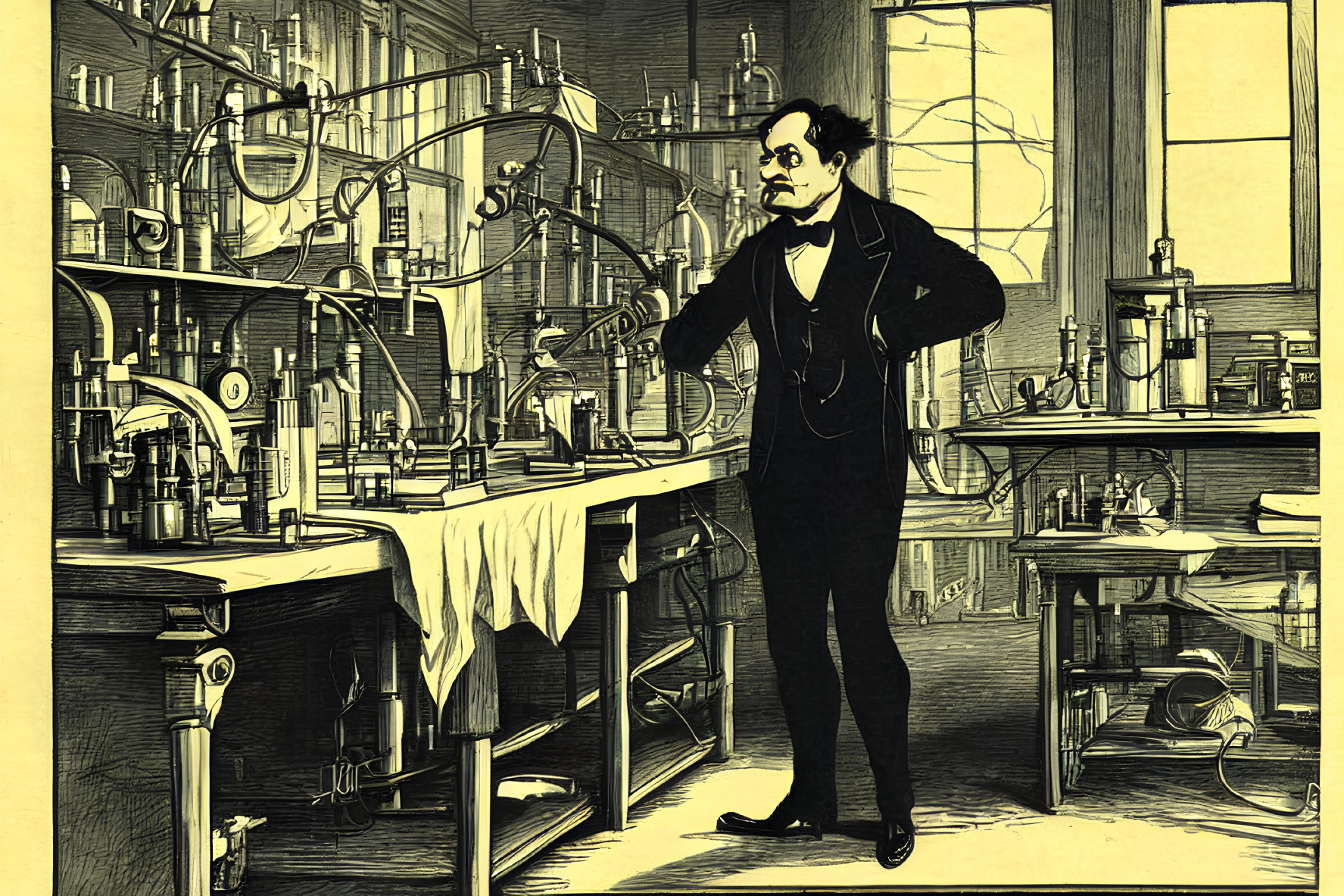 Victorian-era scientist in cluttered laboratory with mustache.