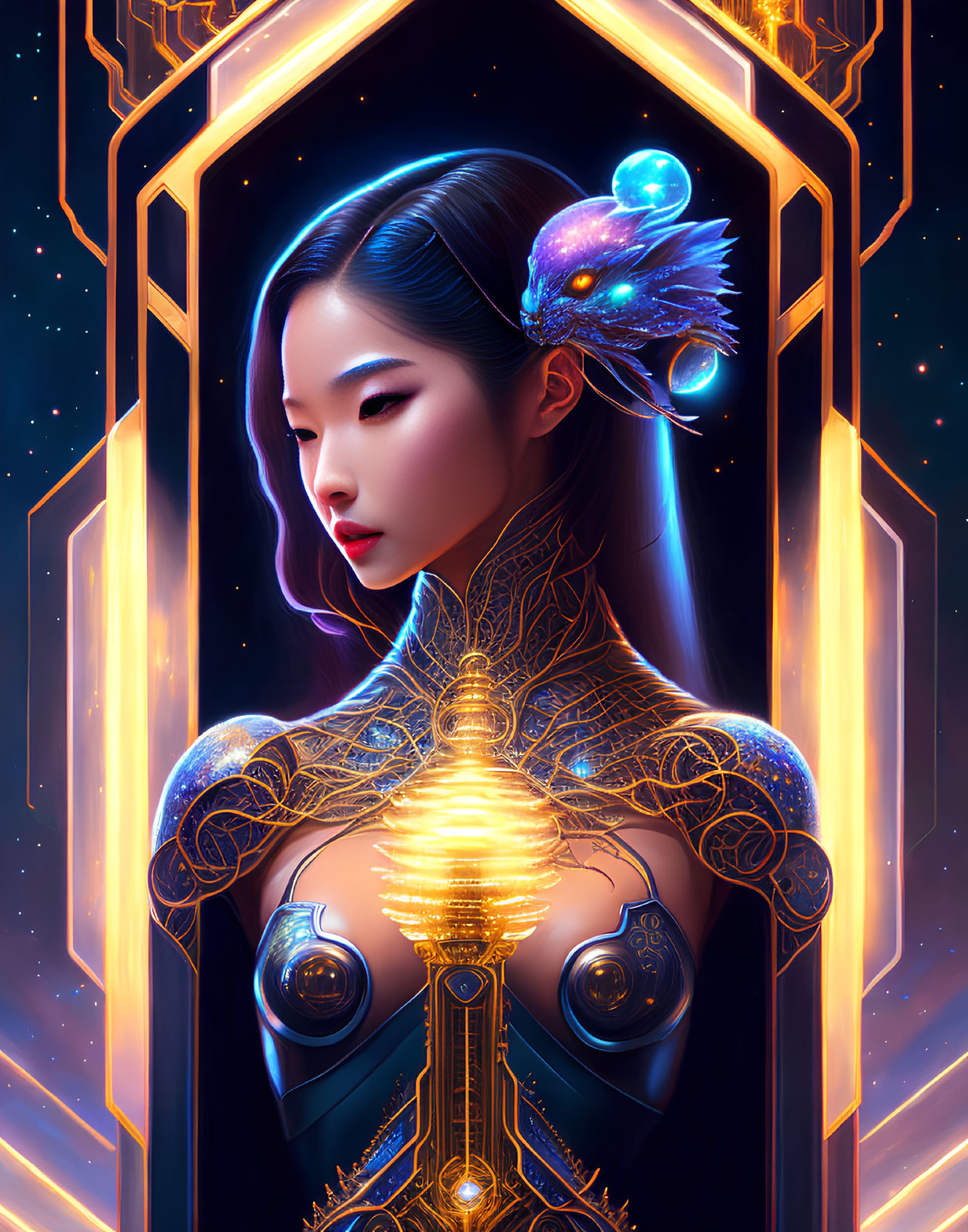 Futuristic digital artwork of woman with glowing bird and mechanical details