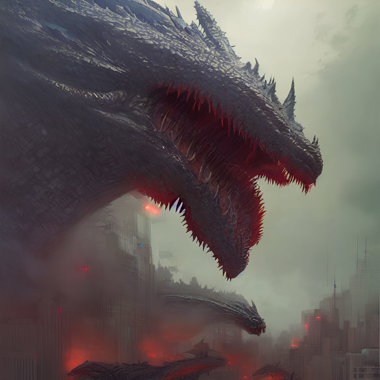 Menacing dragon dominates smog-covered cityscape