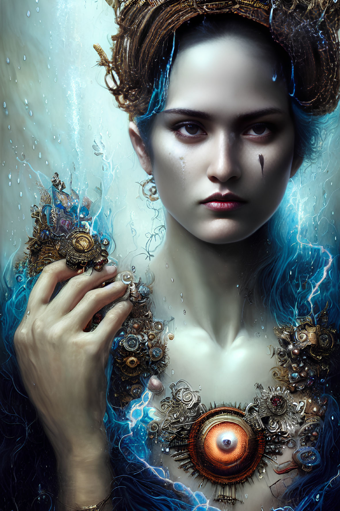 Surreal portrait of woman with mechanical components and eye on chest in blue light.