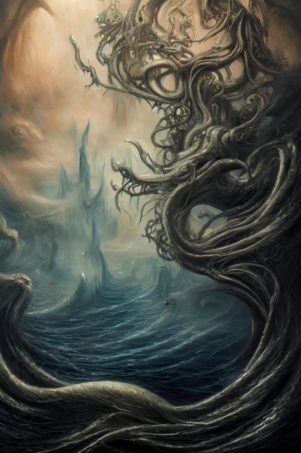 Fantastical landscape with swirling tree-like structure and mystical city in mist.