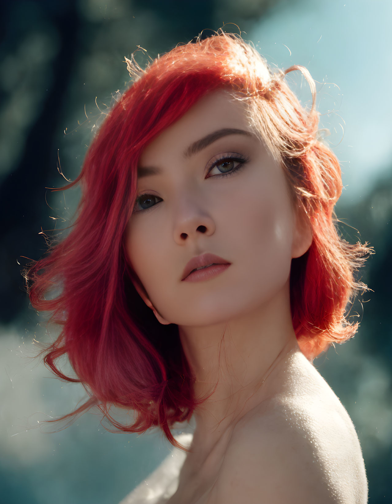 Young woman with vibrant red hair in soft natural light