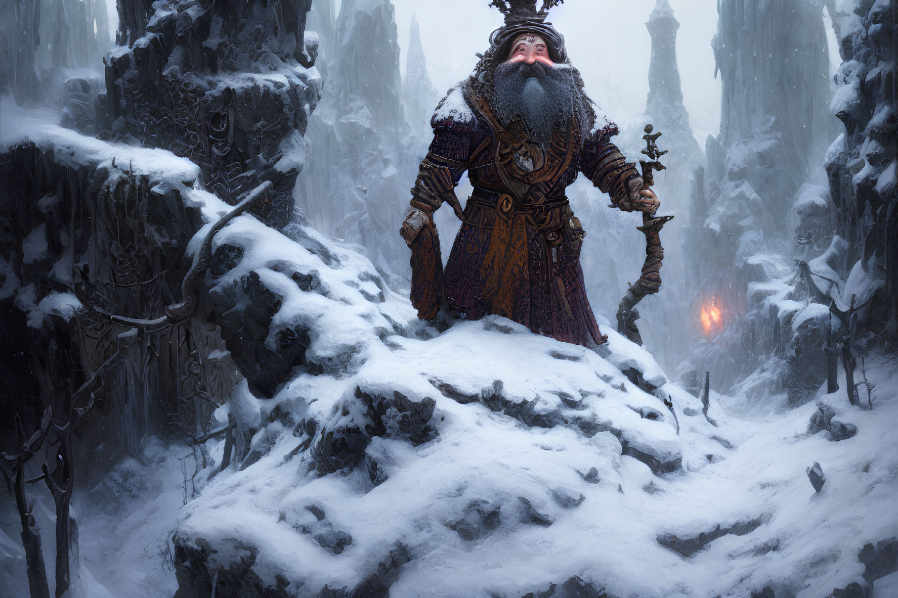 Bearded warrior in ornate armor on snowy outcrop with staff and glowing light