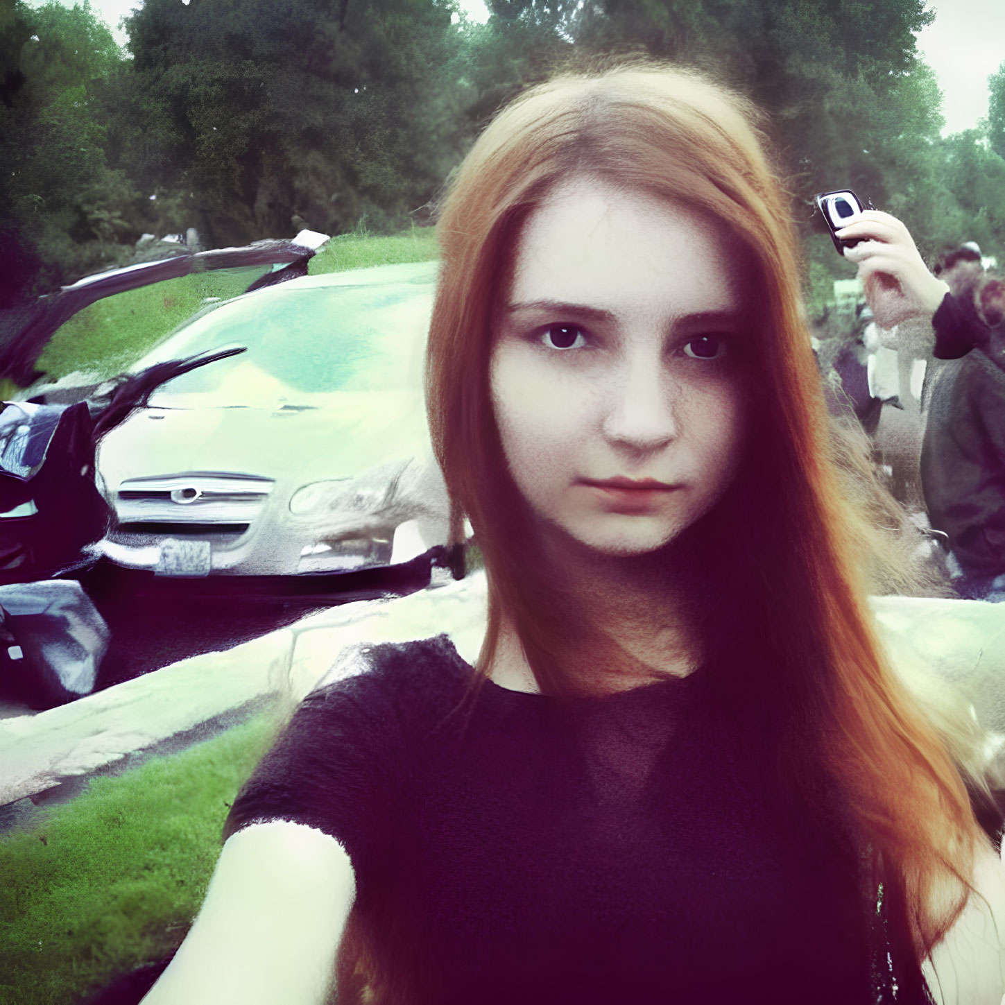 Young woman with long brown hair taking selfie near car accident.