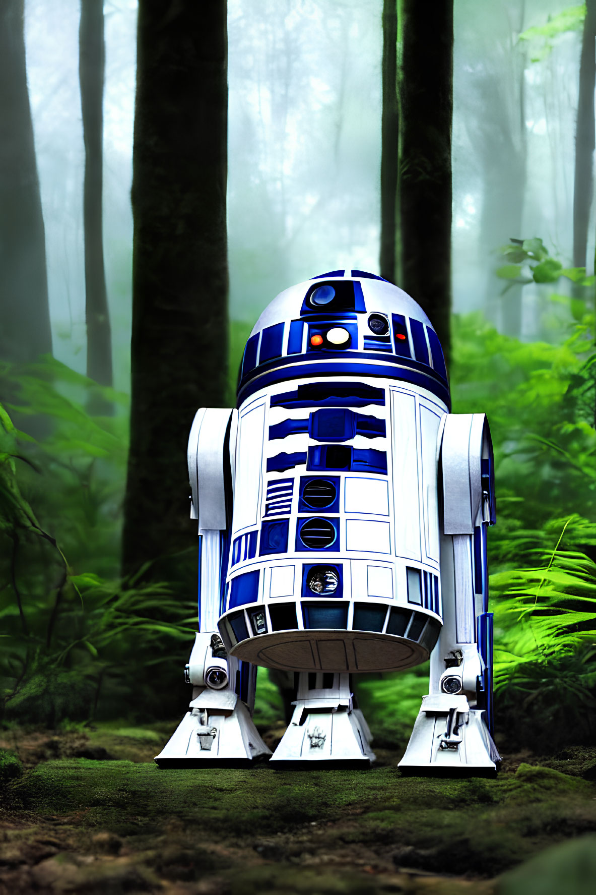 Realistic R2-D2 Model in Misty Green Forest Setting