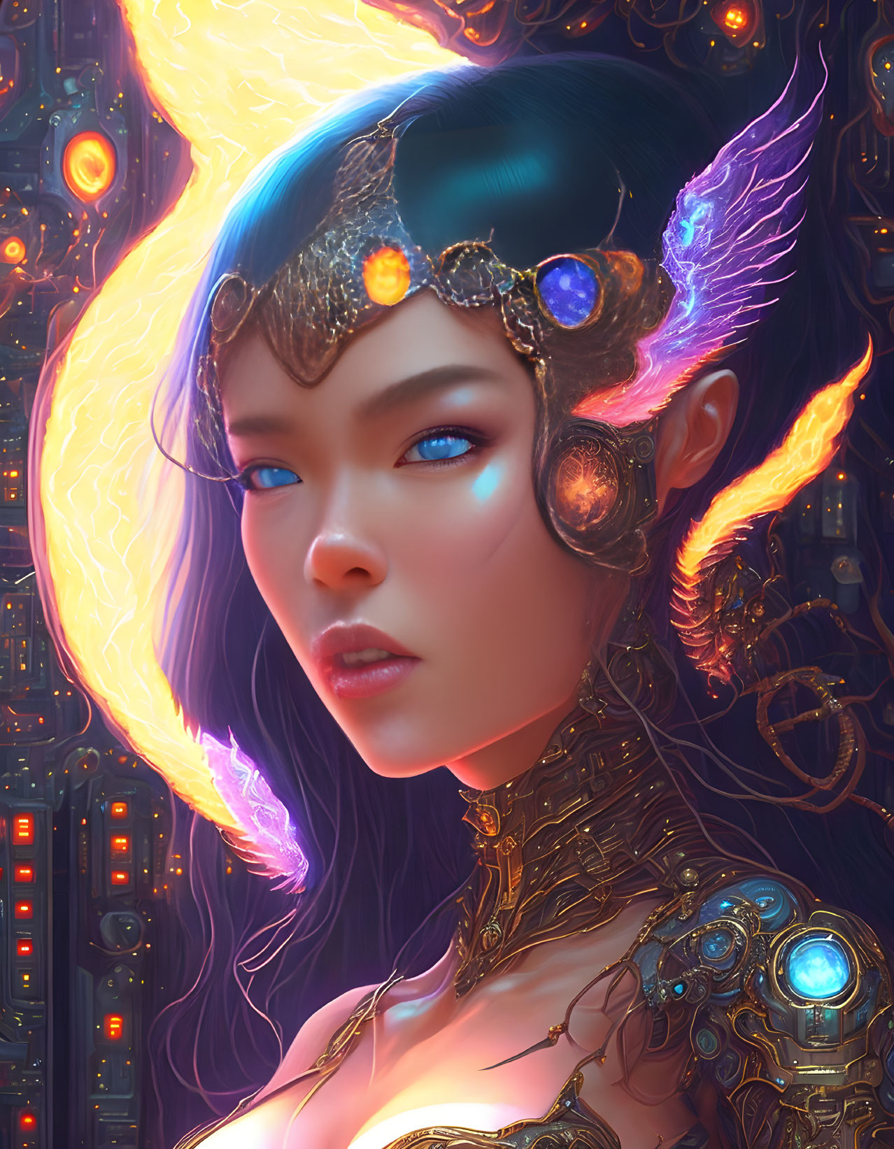 Digital artwork: Female figure with blue eyes, ornate headgear, mechanical arm, and ethereal