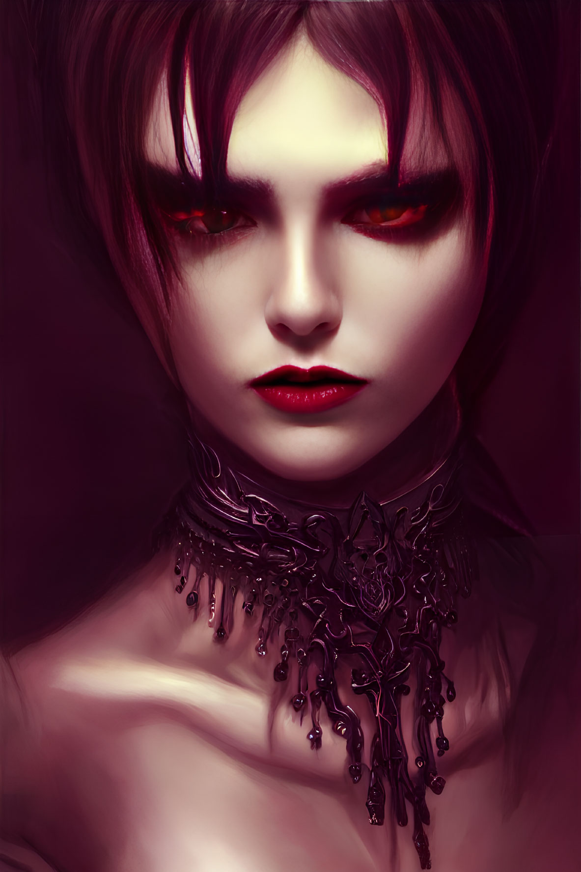 Gothic figure with crimson eyes and intense gaze