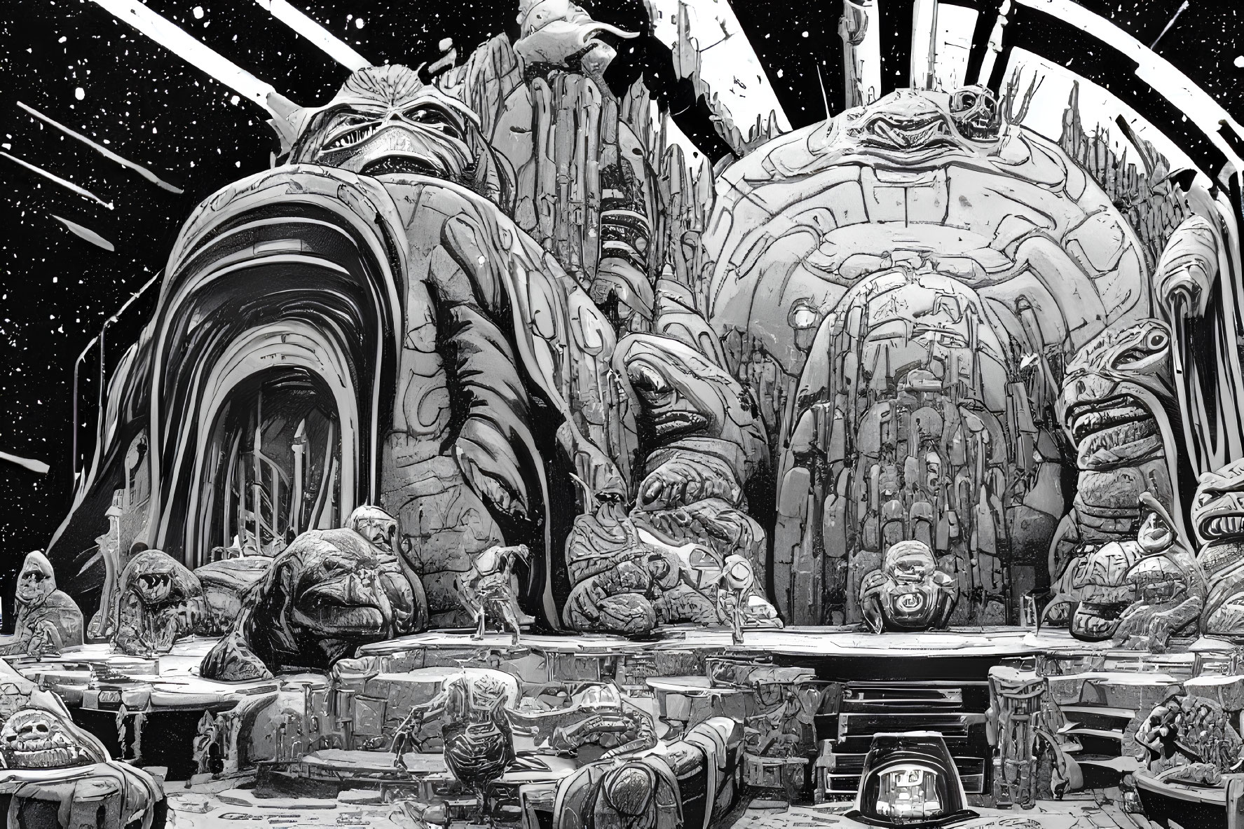 Monochrome sci-fi illustration: alien creatures in domed structure.