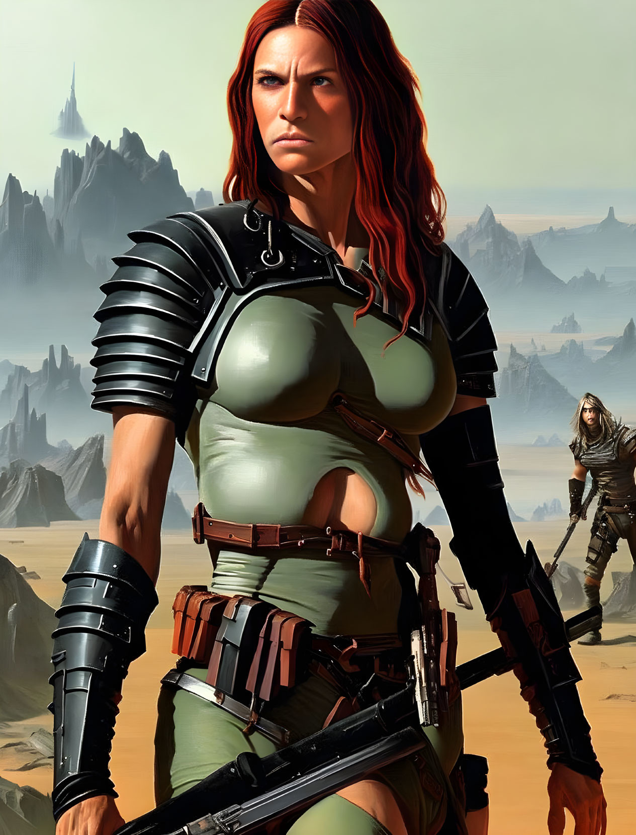 Red-haired female warrior in fantasy armor in desert landscape with figure