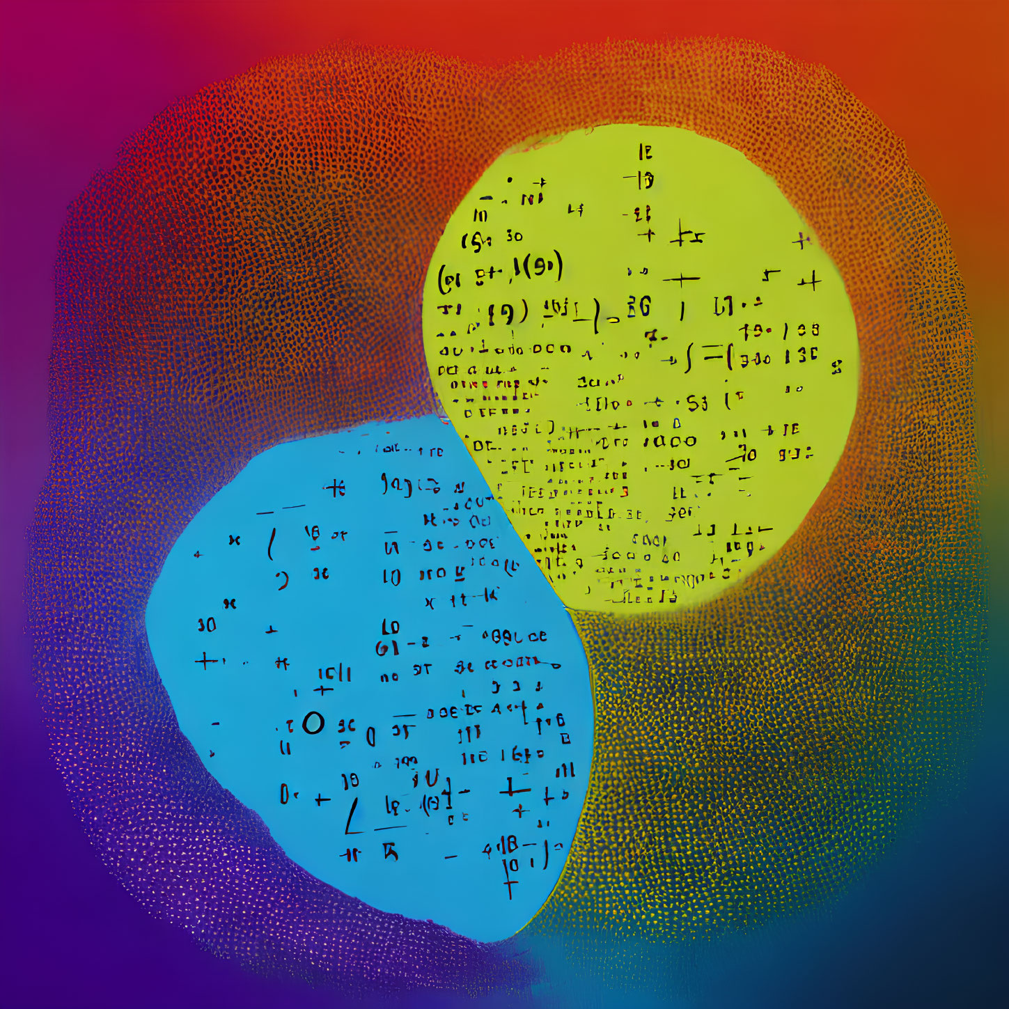 Vibrant Abstract Background with Red, Blue, and Yellow Circles and Mathematical Equations