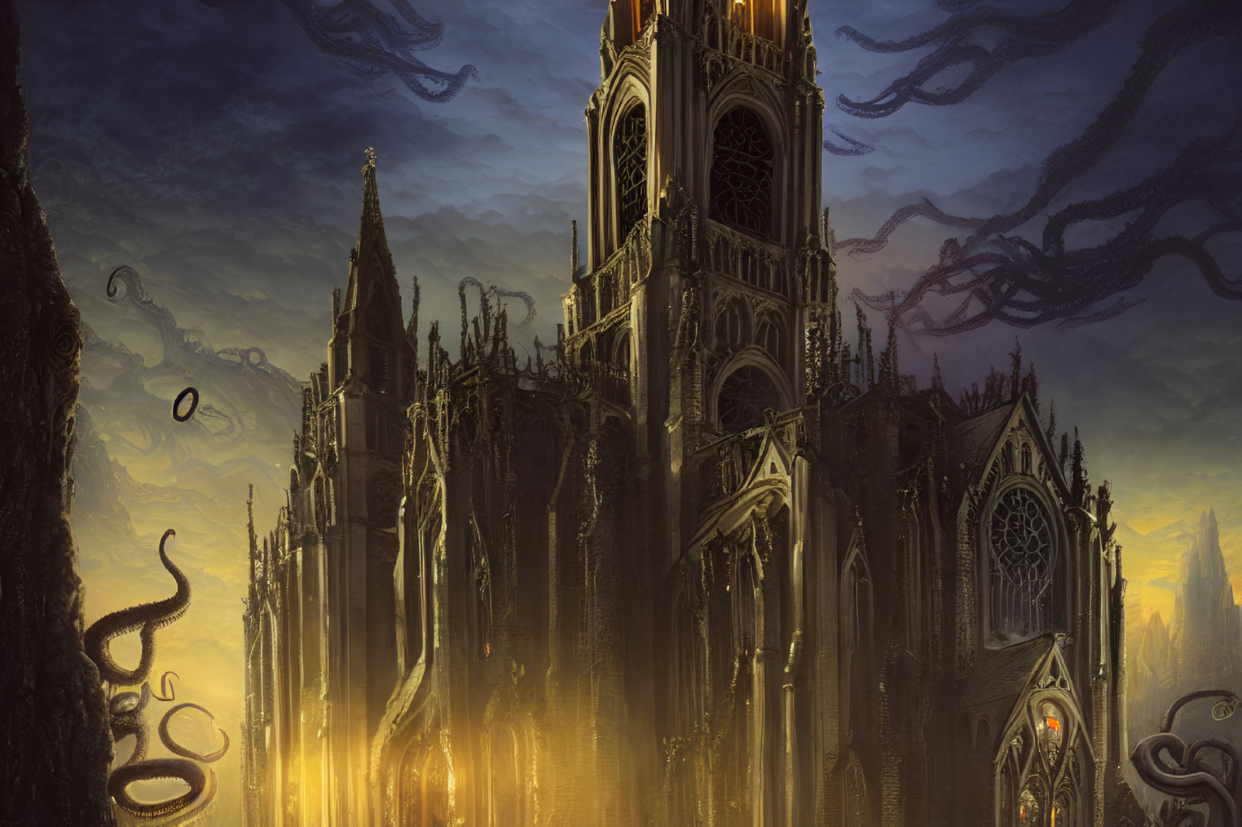 Dark fantasy scene: Gothic cathedral with tentacles and golden glow