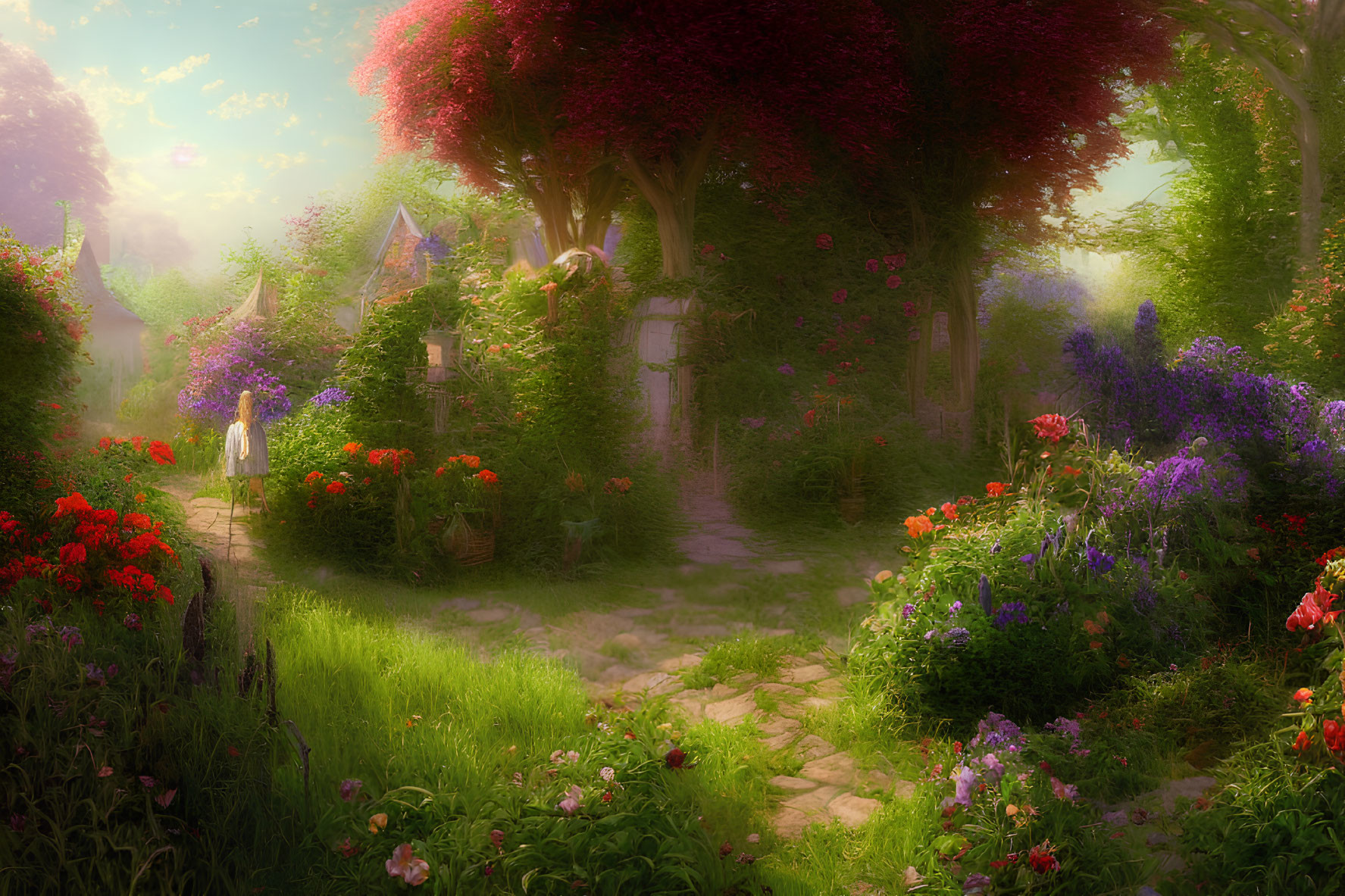 Enchanted garden with cobblestone path, blooming flowers, lush greenery, and mysterious