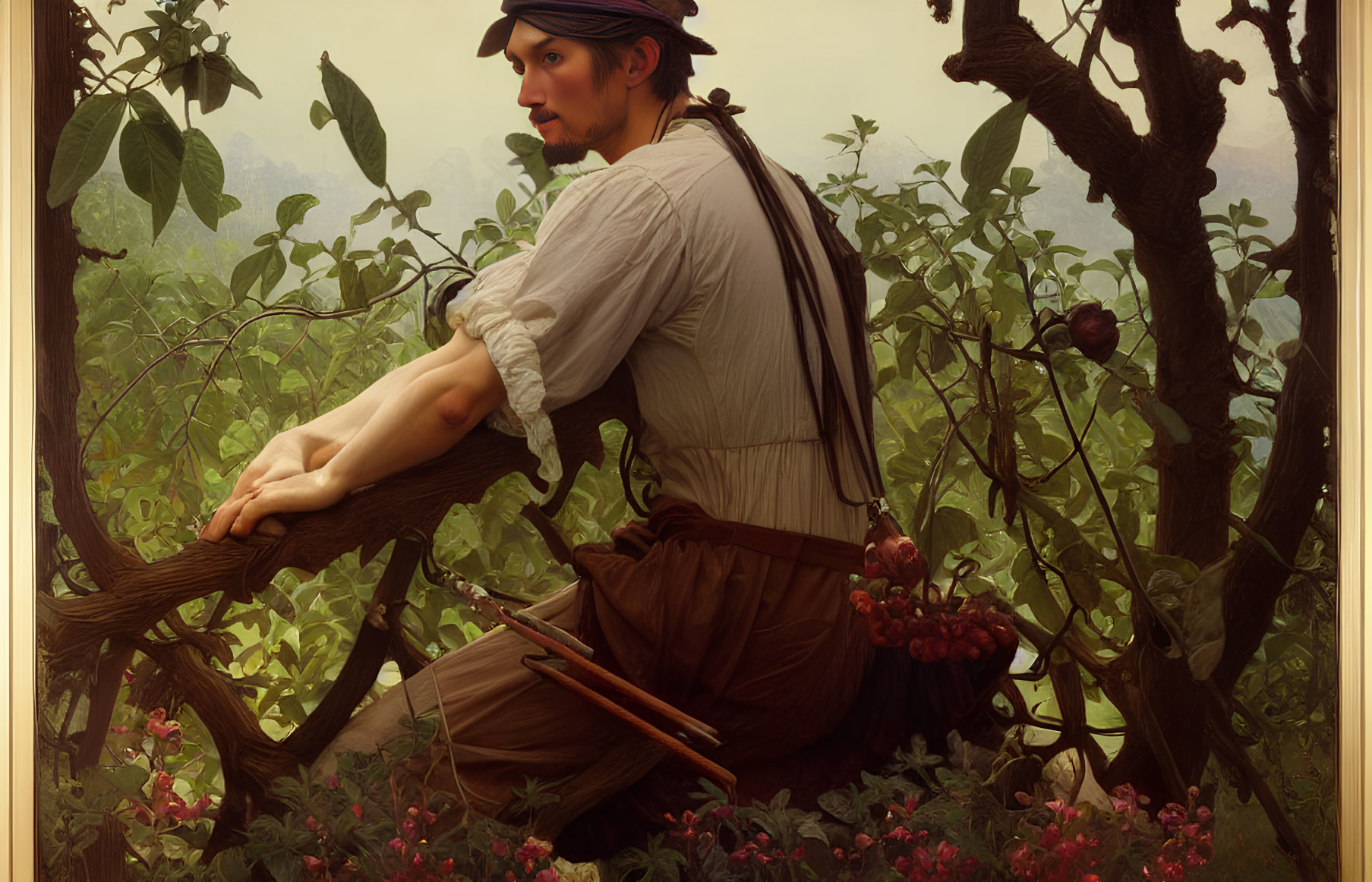 Historical peasant man leaning on wooden fence in lush setting with vintage scythe