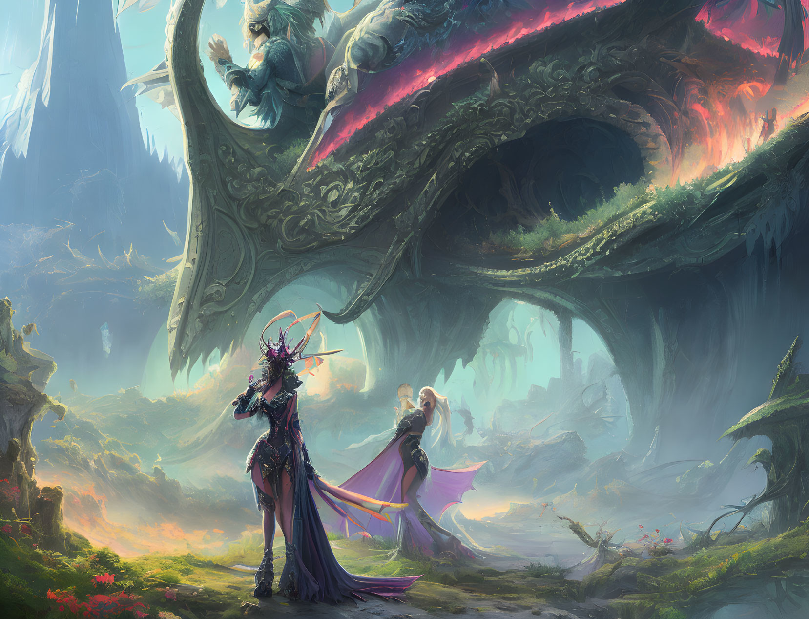 Fantasy landscape with armored person, white-haired character, and colossal dragon in ancient ruins.