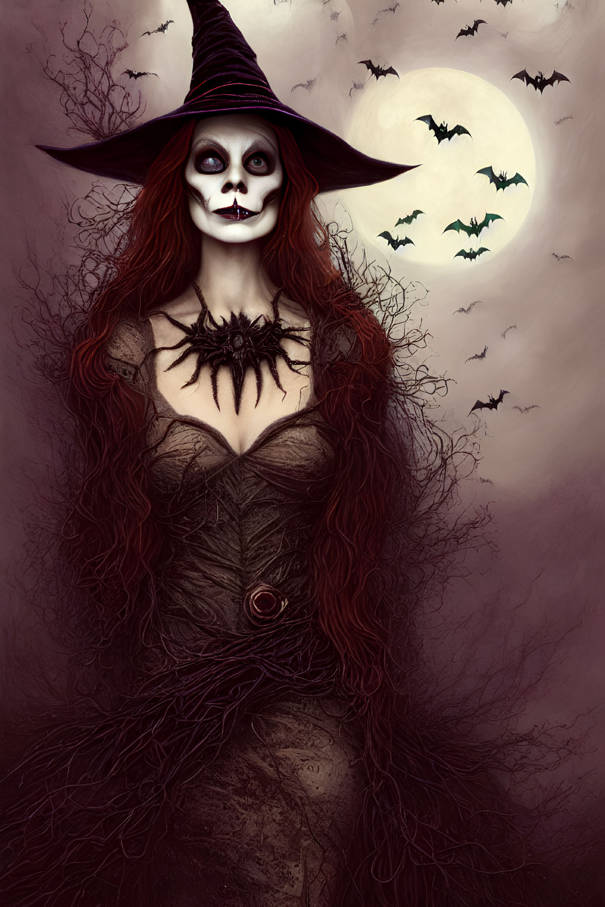 Gothic figure with skull makeup, witch hat, red hair, full moon, flying bats