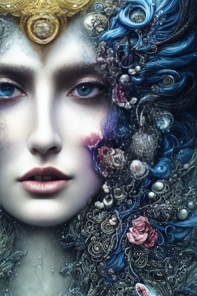 Fantasy portrait of a woman with ornate features and blue hues