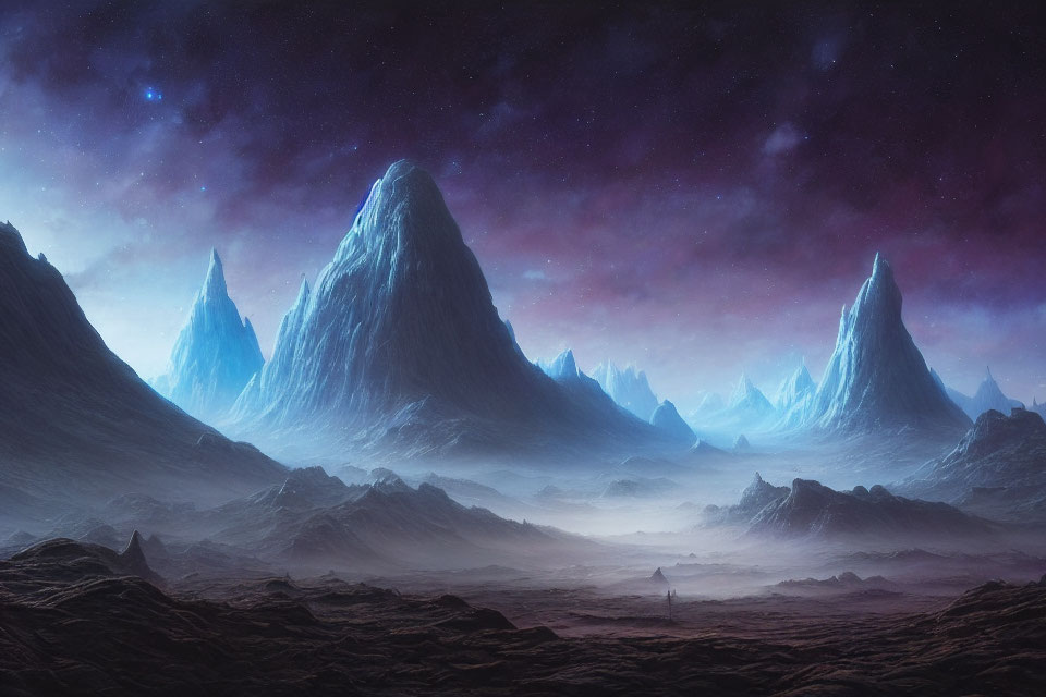 Majestic icy mountains at dusk with lone figure under starry sky