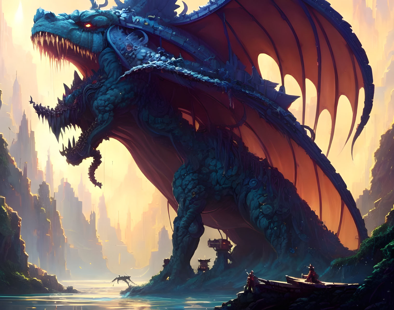 Majestic dragon with wings near river and ancient ruins.