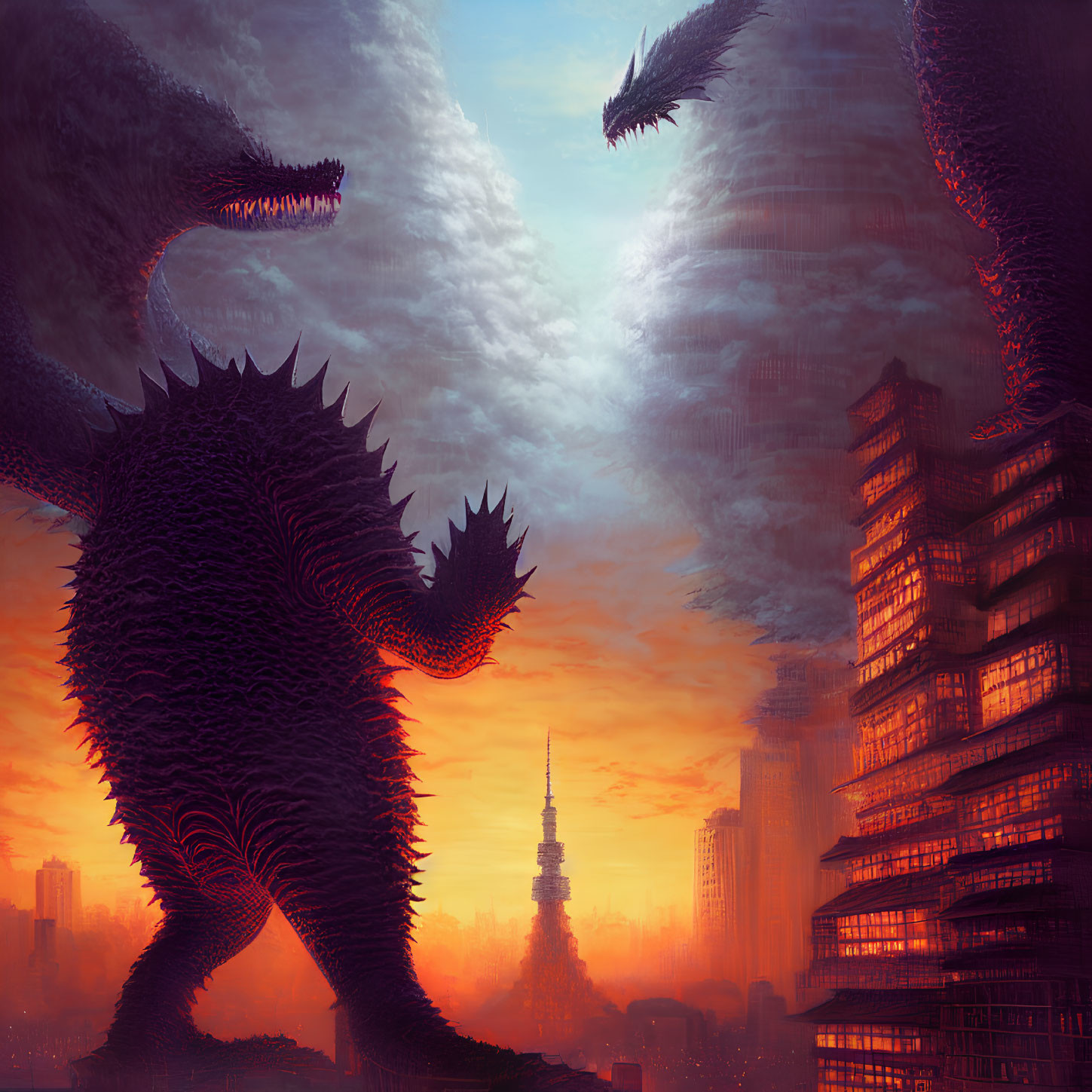 Enormous reptilian monsters dominate city skyline at sunset