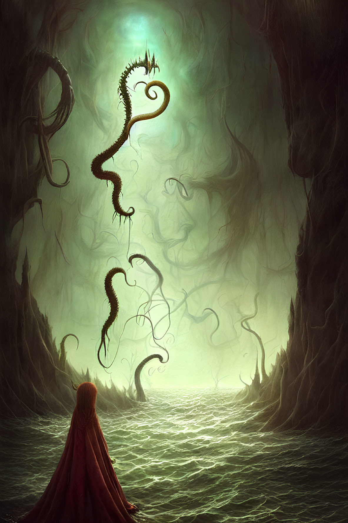 Cloaked figure encounters serpentine creature in mystical forest