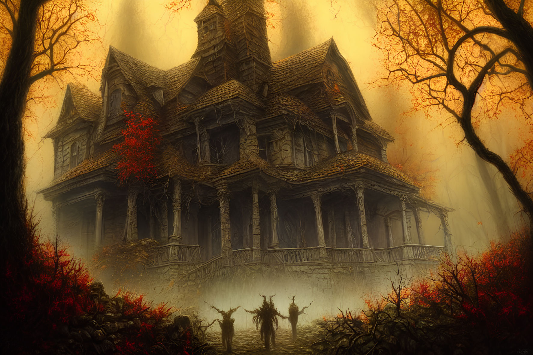 Spooky old mansion in mist with red foliage and shadowy figures