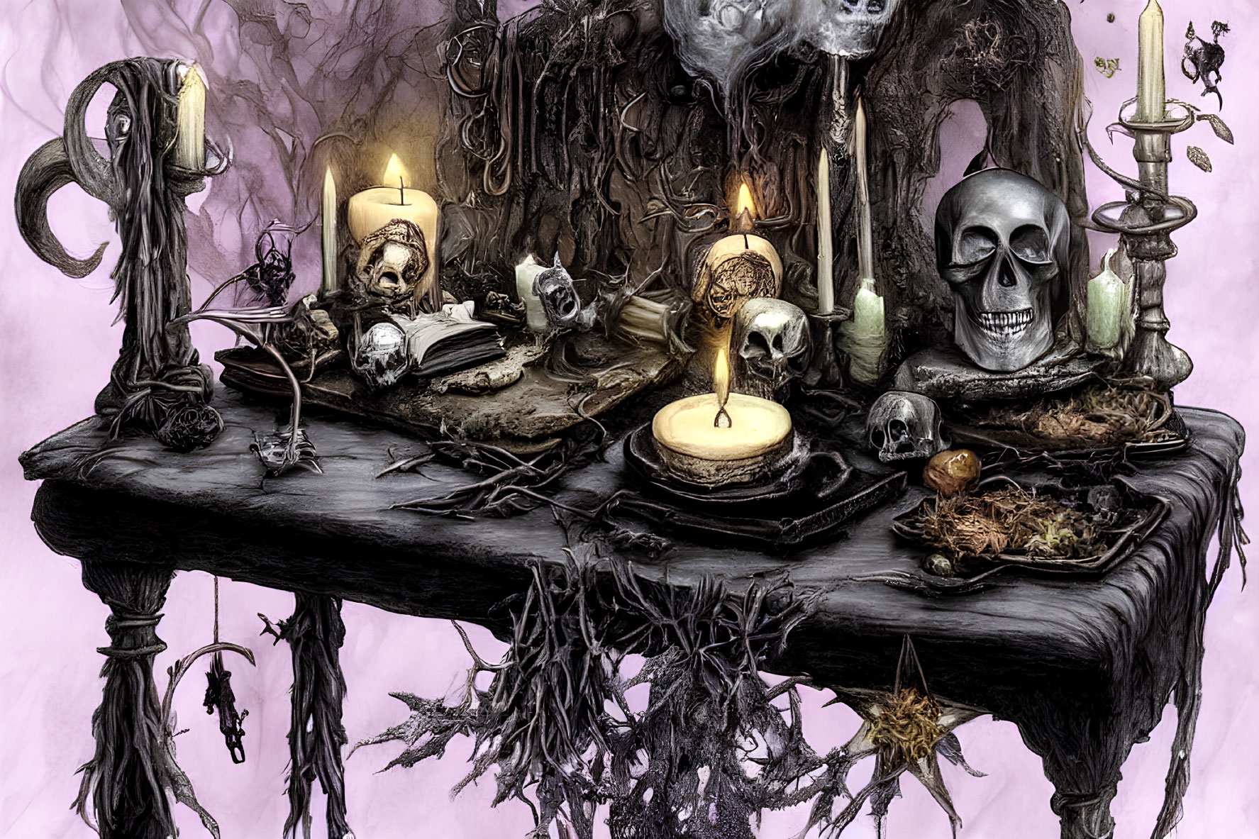 Gothic-themed table with skulls, candles, books, and branches