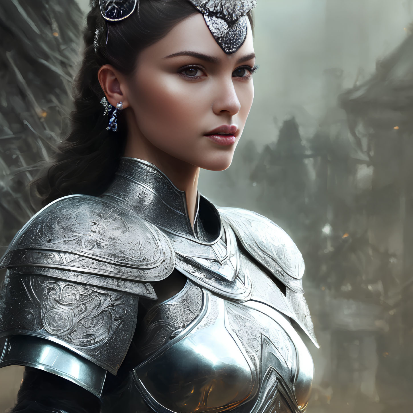 Woman in silver armor with stern expression against misty background