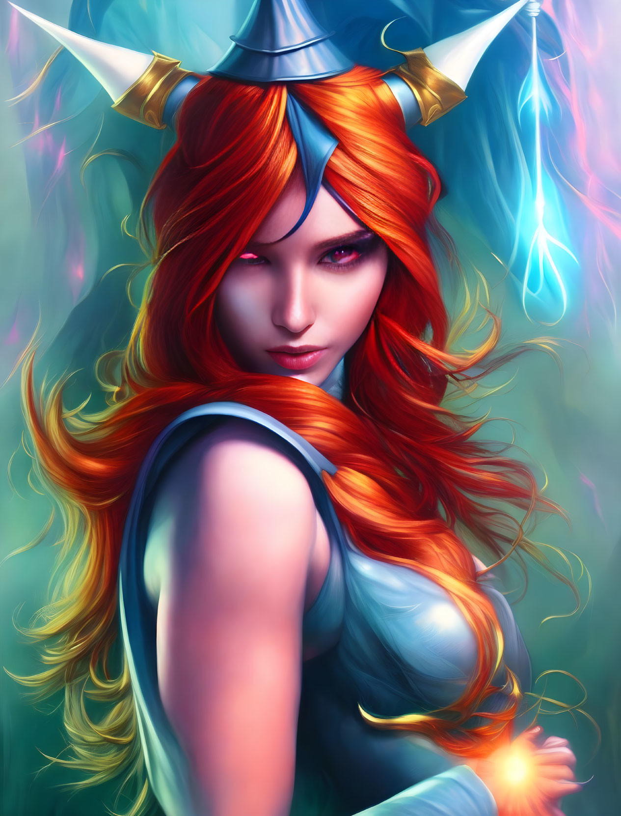 Fantasy digital artwork of female character with red hair, blue armor, magical elements, and horned