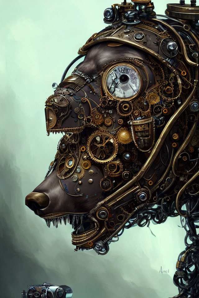 Intricate Steampunk Mechanical Bear Head with Gears and Bronze Textures